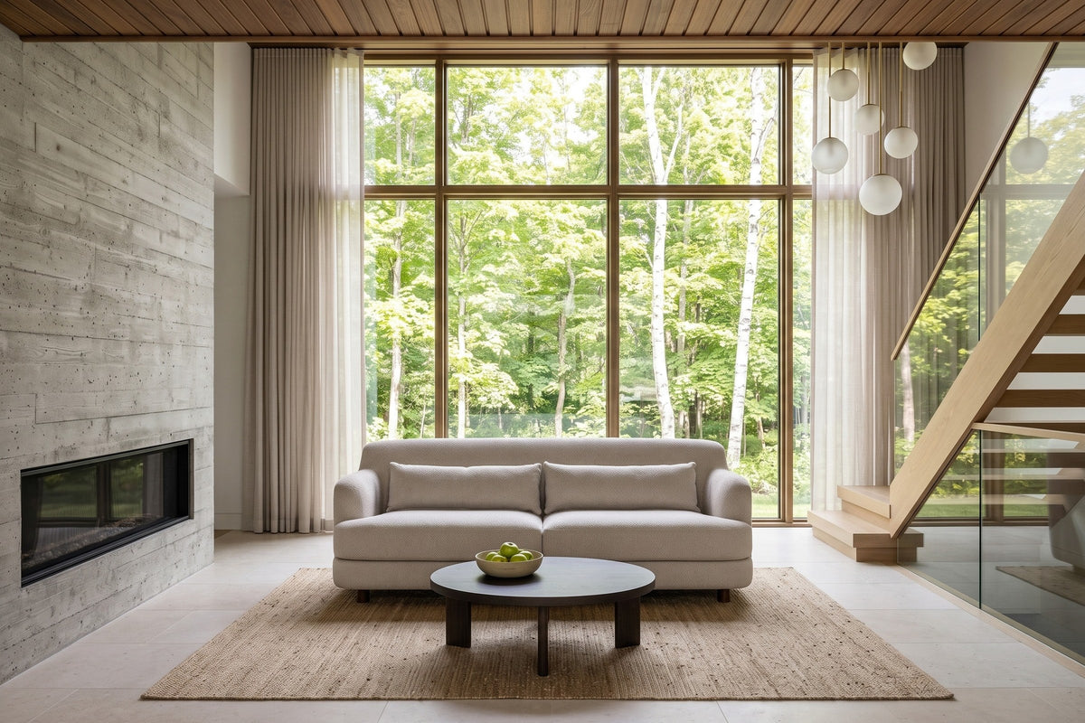 Ripatransone sofa in Beige facing a low round smoked-oak table in an Almonte house, a board-formed concrete fireplace wall