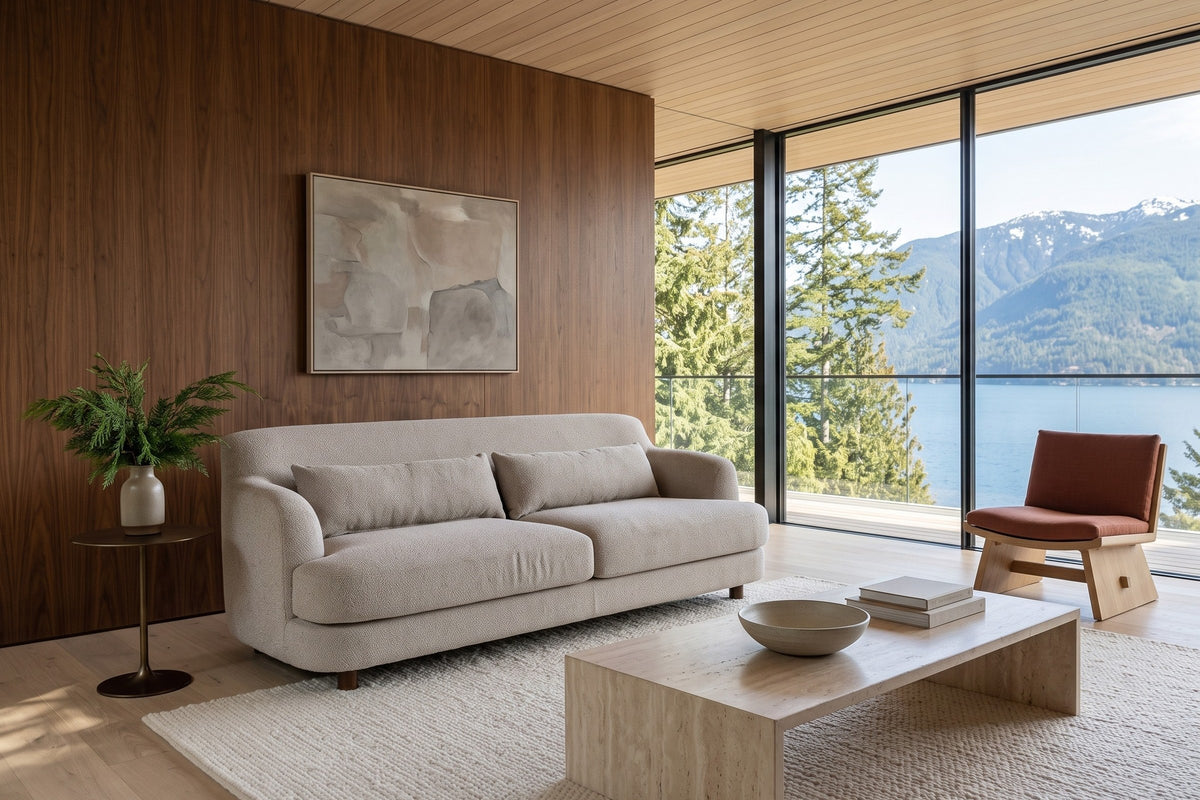 Ripatransone sofa in Beige seen from the front left in a Horseshoe Bay house, walnut panelling