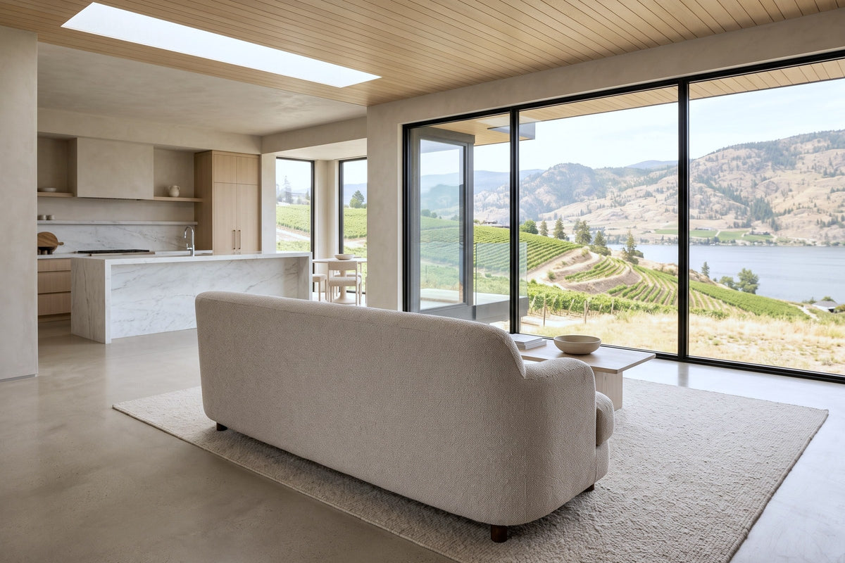 Ripatransone sofa in Beige seen from behind in an open-plan Peachland house