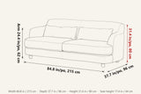 Ripatransone dimensions on a pencil sketch of the sofa: 84.8 in wide, 37.7 in deep, 31.4 in high, arm 24.4