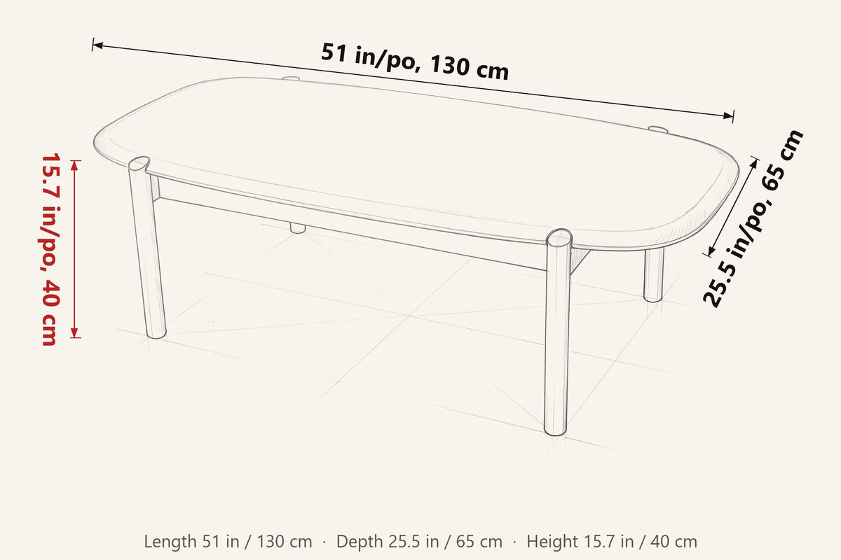 Rivello dimensions on a pencil sketch of the table: 51 in long, 25.5 in deep, 15.7 in high
