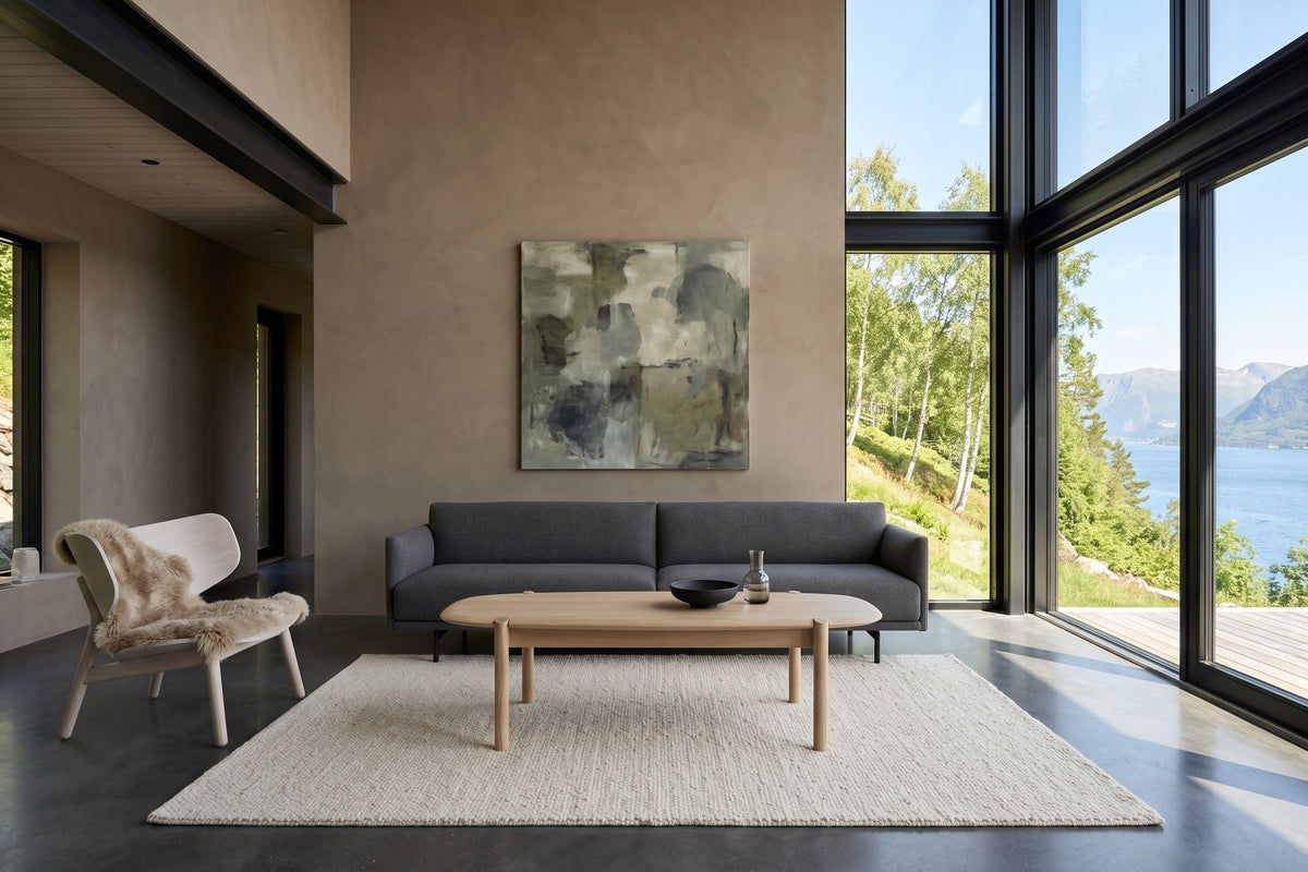 Rivello coffee table in Light Oak in a Bergen fjord house, with taupe clay plaster