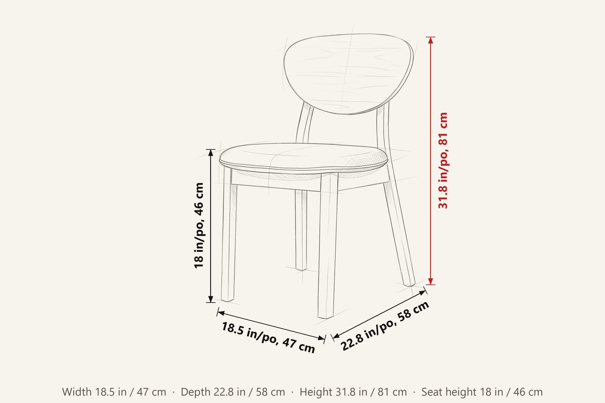 Rivello dimensions on a pencil sketch of the chair: 31.8 in high, 18.5 in wide, 22.8 in deep, seat height 18 in