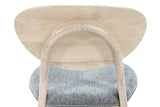 Close-up of the Rivello back from behind: the bent oak arch, its joint at the top and the oak grain of the back panel