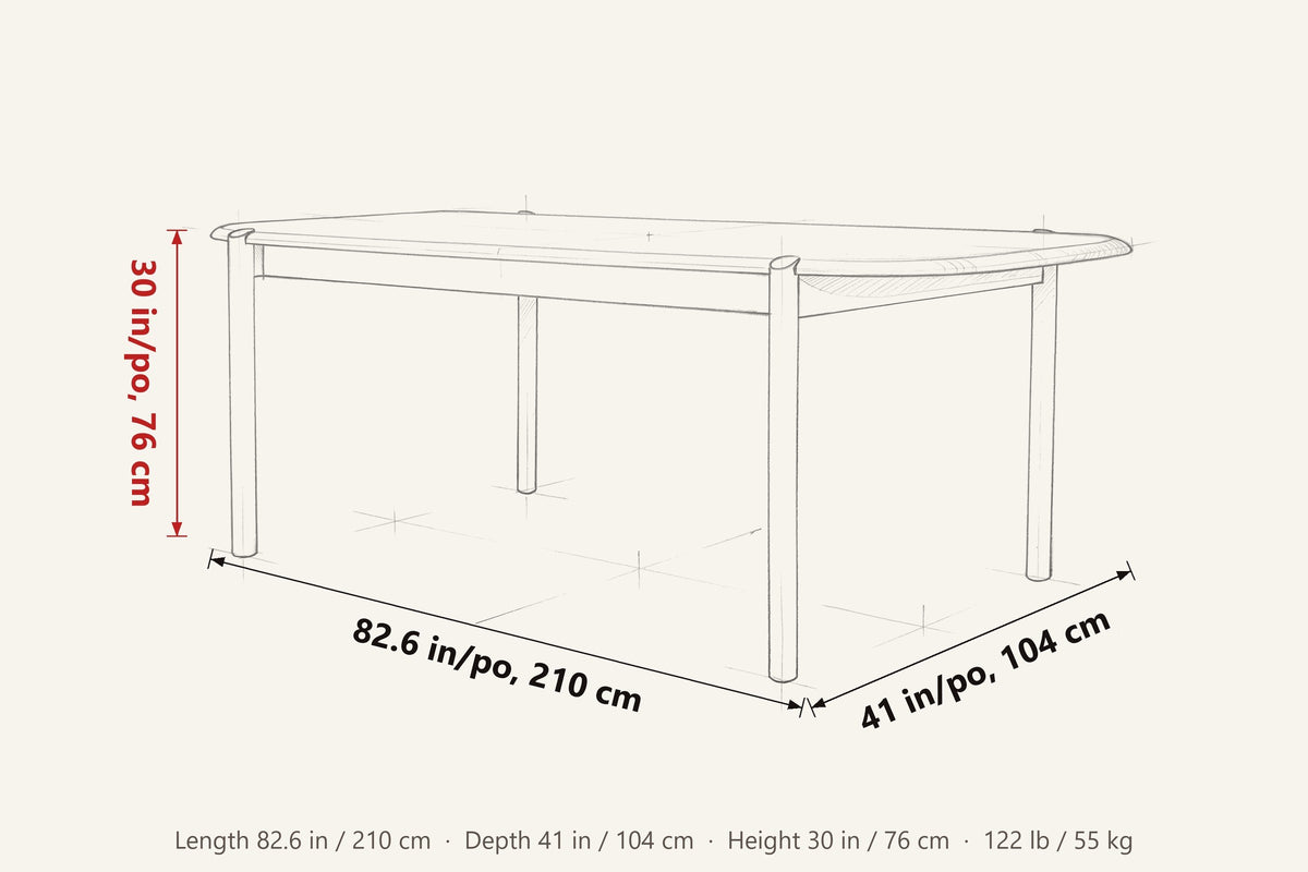 Rivello dimensions on a pencil sketch of the table: 82.6 in long, 41 in deep, 30 in high