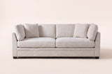 Rovigo sofa in beige chenille, straight front view: two seat cushions, two back cushions, an arm pillow and a square pillow at each end