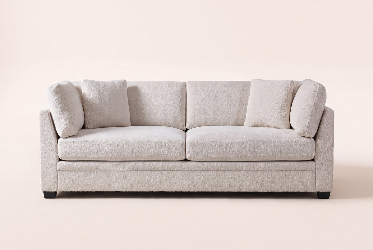 Rovigo sofa in beige chenille, straight front view: two seat cushions, two back cushions, an arm pillow and a square pillow at each end