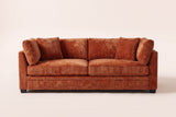 Rovigo sofa in caramel chenille, straight front view: two seat cushions, two back cushions, an arm pillow and a square pillow at each end