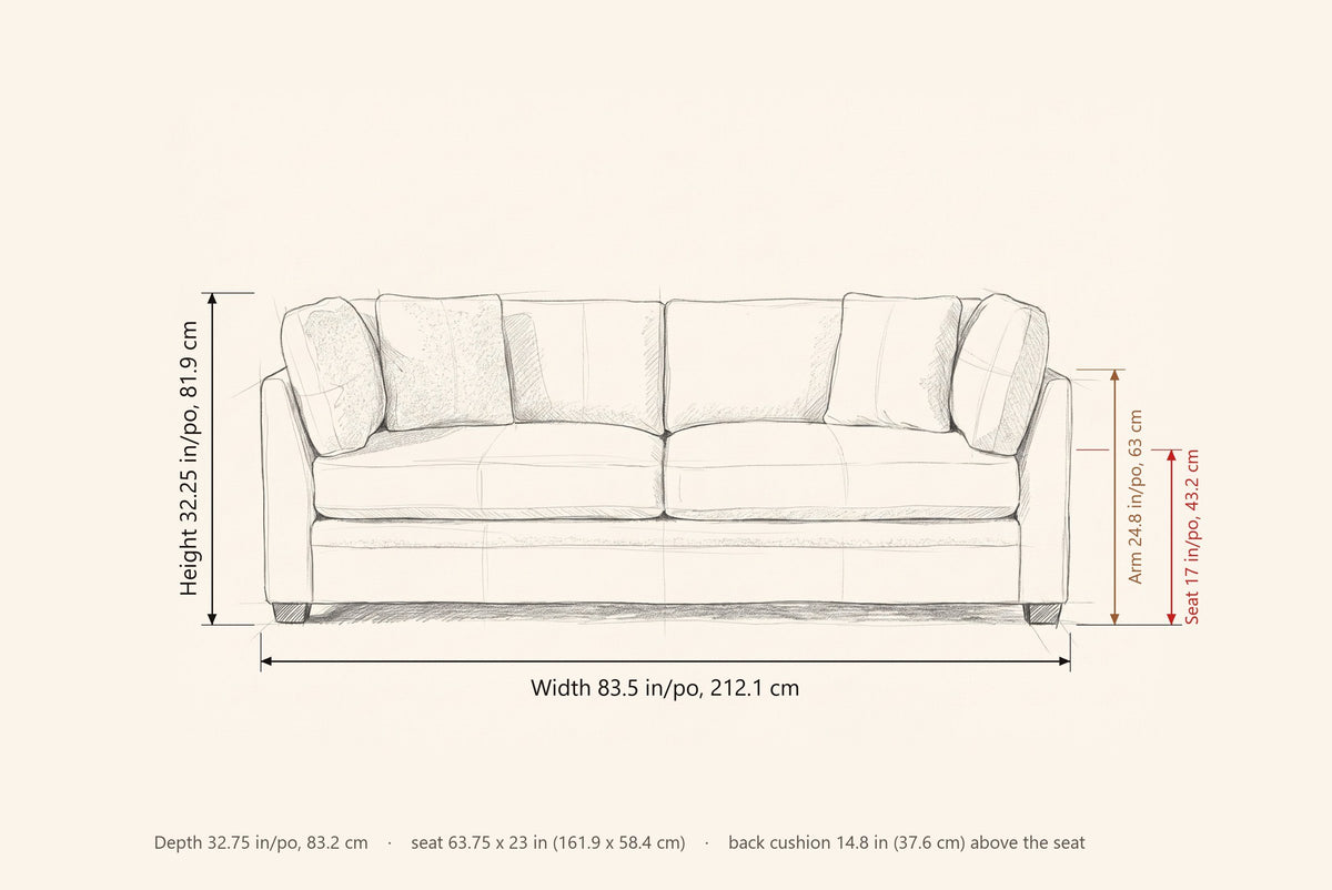 Rovigo sofa dimensions: 83.5 in wide, 32.25 in high, 32.75 in deep, seat height 17 in, arm height 24.8 in
