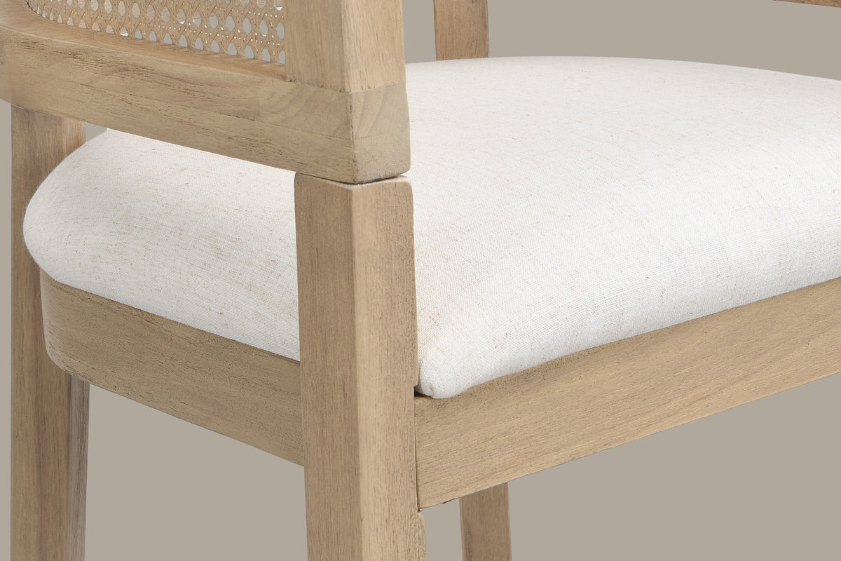 Close-up of the linen-look seat, the wood seat frame, the arm block and a front leg of the Natural Ash Sabaudia counter stool
