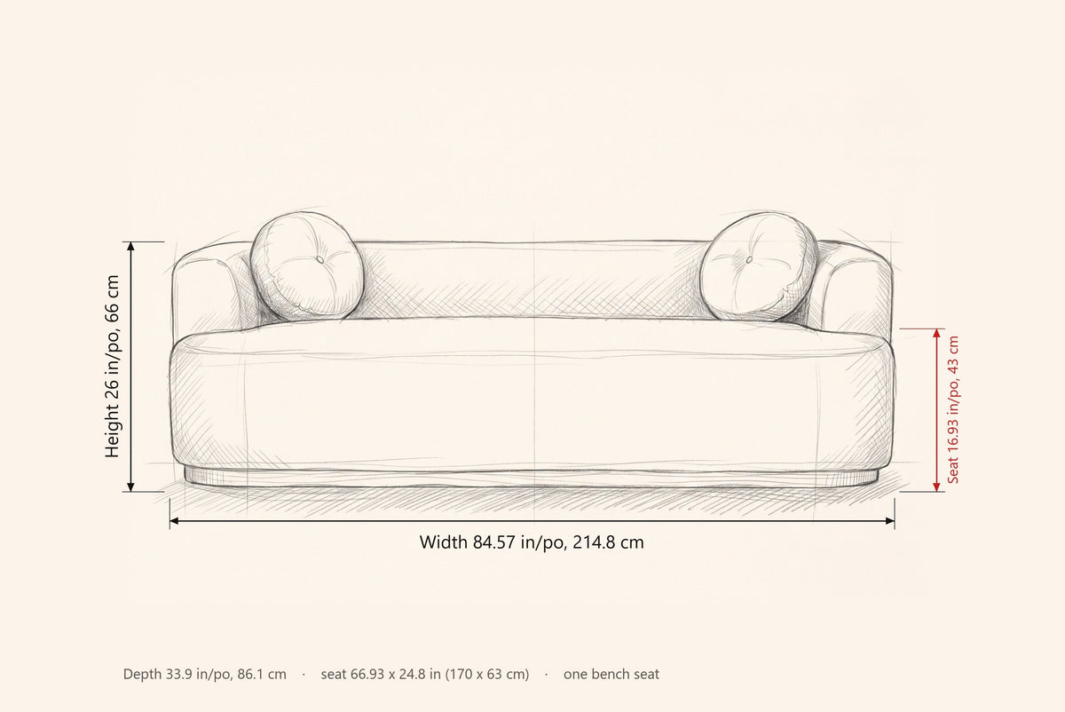Sabbioneta sofa dimensions: 84.57 in wide, 26 in high, 33.9 in deep, seat height 16.93 in