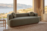 Sabbioneta sofa in a Kelowna lake house with a jute rug, a rush stool and Okanagan Lake through the windows