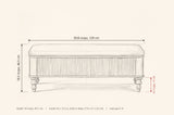 Salerno storage bench dimensions: 50.8 in long, 18.3 in high, 18 in deep, legs 6.7 in, inside 45 x 12.2 x 8.66 in