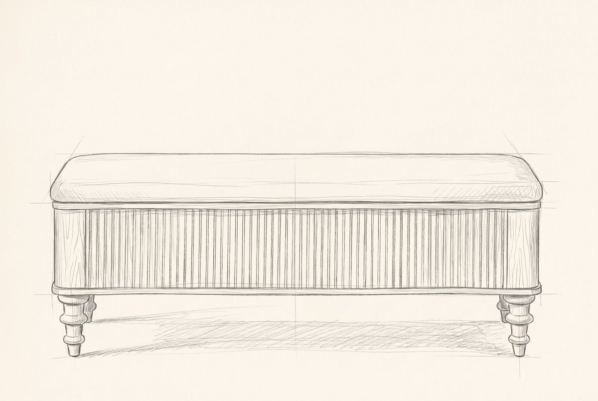 Pencil drawing of the Salerno storage bench traced from the front view