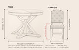 Saluzzo dimensions: table 42 inches round, 54 by 42 inches open, 30 inches high; chair 17.7 inches wide, 21.25 deep