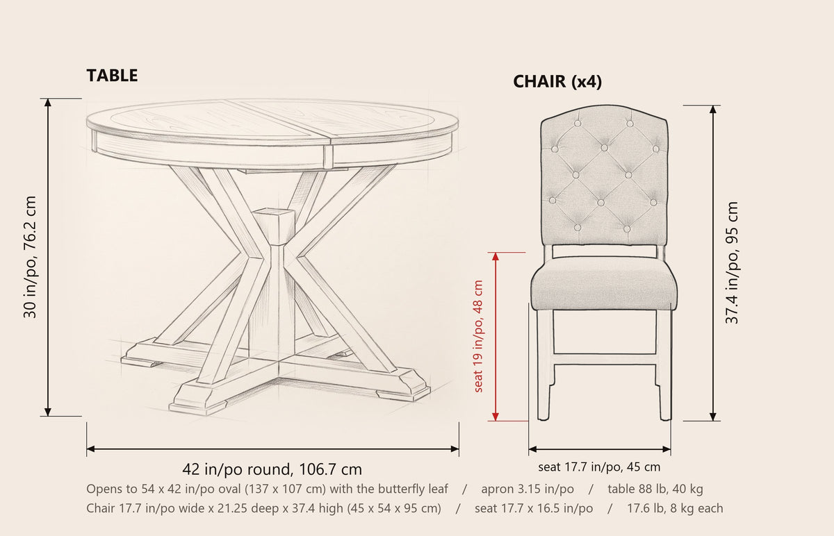 Saluzzo dimensions: table 42 inches round, 54 by 42 inches open, 30 inches high; chair 17.7 inches wide, 21.25 deep