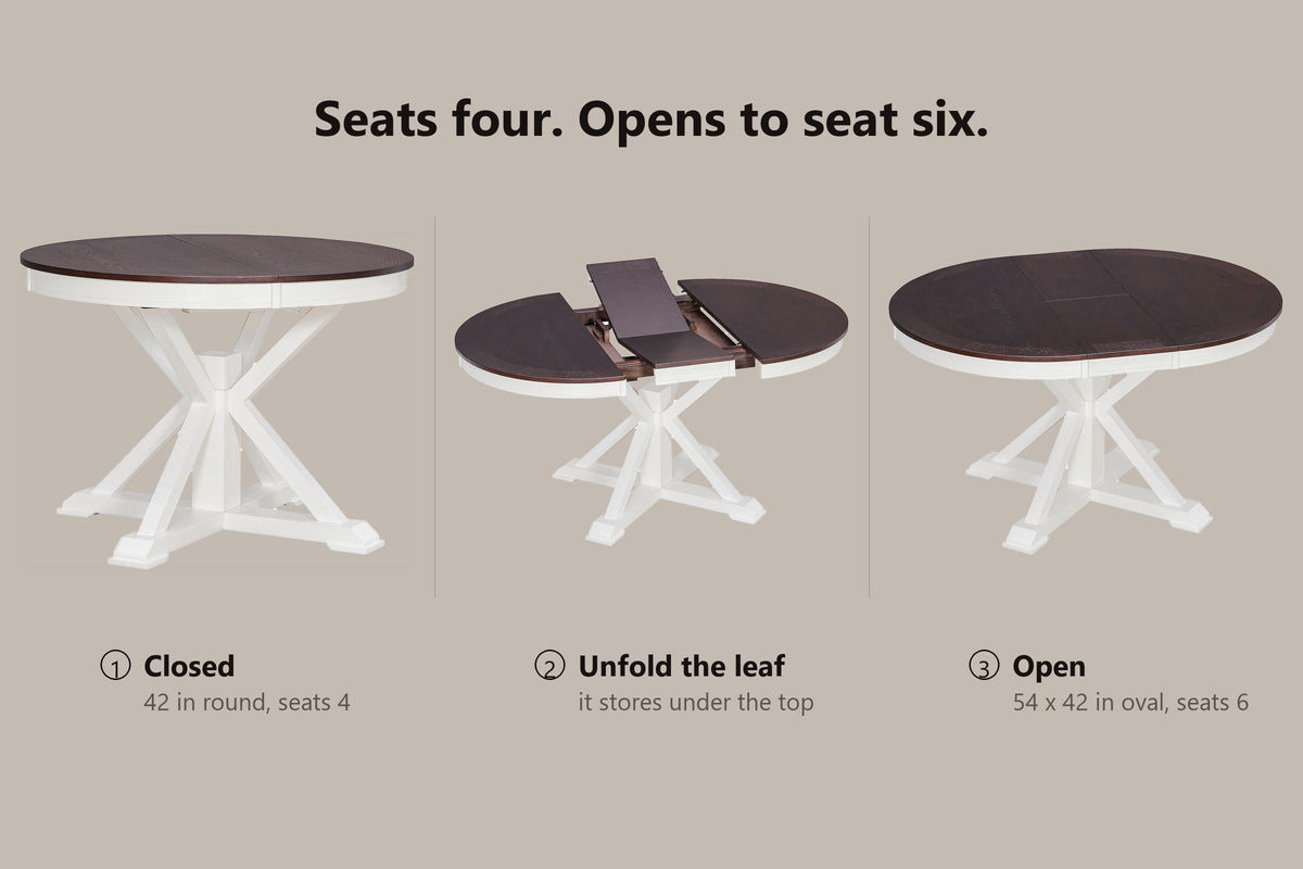 Saluzzo table in three steps: closed at 42 inches round, the butterfly leaf being unfolded, open at 54 by 42 inches oval