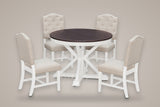 Saluzzo five-piece dining set: a round oak-veneer table on an antique-white X pedestal with four button-tufted chairs pulled