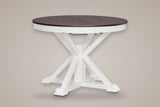 Saluzzo round dining table in espresso oak veneer and antique white, front view of the X pedestal and its four block feet