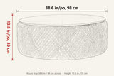 Sambuca dimensions on a pencil sketch of the table: 38.6 in across, 13.8 in high