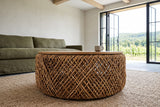 Sambuca coffee table seen low from the side in a Dunham vineyard house, with greige limewash
