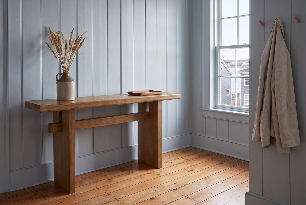 Sanremo console table in antique brown against blue-grey panelling in an entry with a harbour window