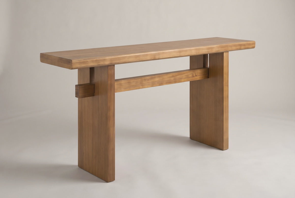 Sanremo slab-leg console table in antique brown, three-quarter view on a warm grey studio backdrop
