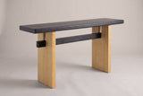 Sanremo slab-leg console table in black + brown: a black top and stretcher on light natural wood legs