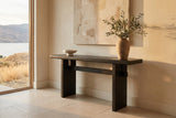 Sanremo console table in a limewashed lake-house entry in late sun, olive branches in a clay vase