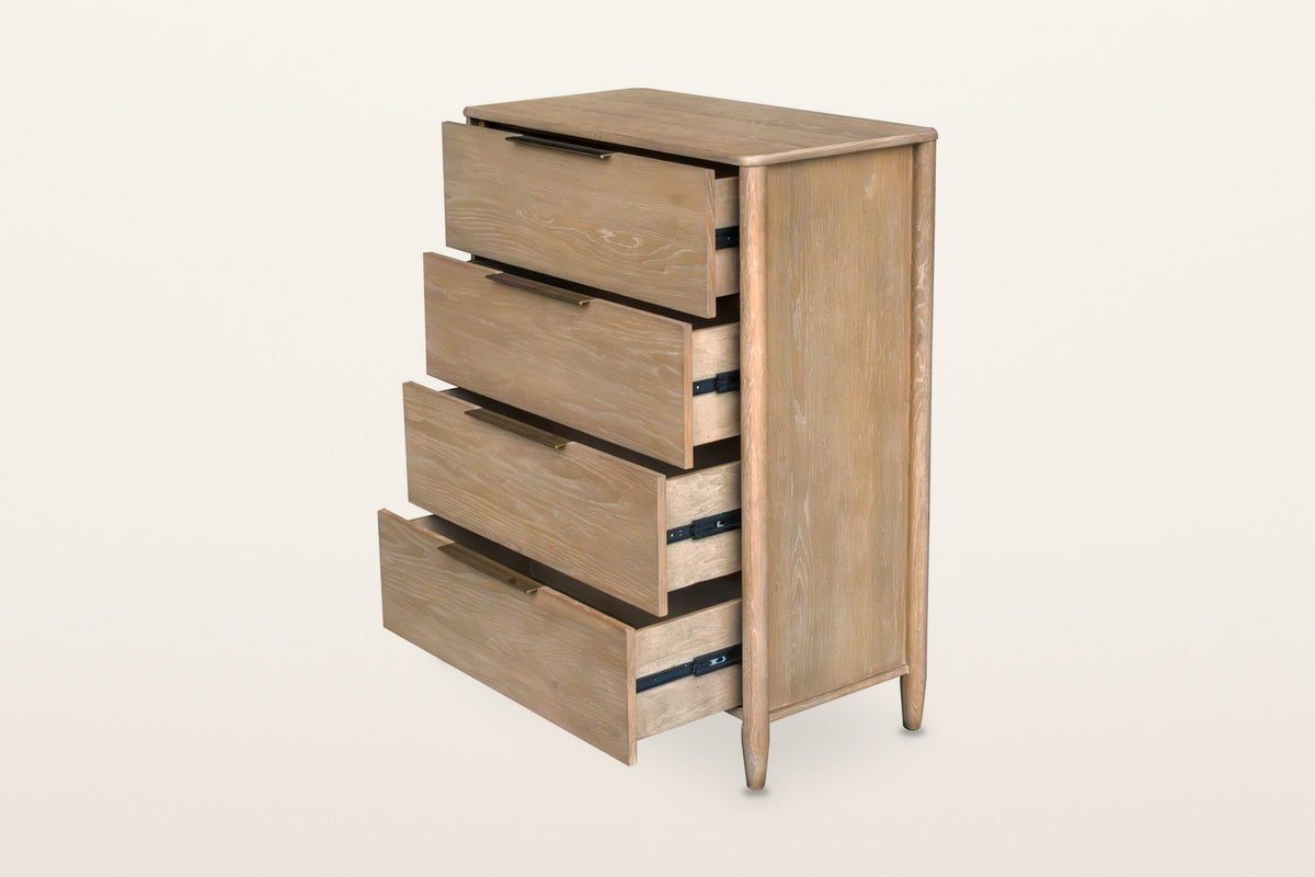 Sarnano chest in Sand with all four drawers pulled out on a warm white studio backdrop