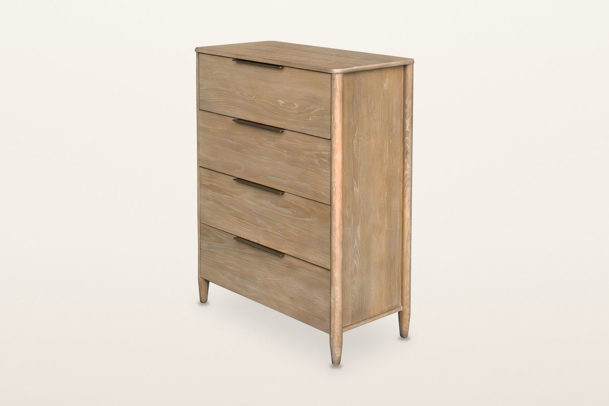 Sarnano oak chest in Sand, three-quarter view on a warm white studio backdrop: four drawers in one column