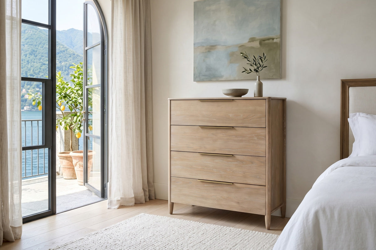 Sarnano chest in Sand in a bedroom of a lakeside villa at Tremezzo, with Venetian plaster walls