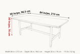Sarnano dimensions on a pencil sketch of the table: 84 in long, 38 in deep, 30 in high
