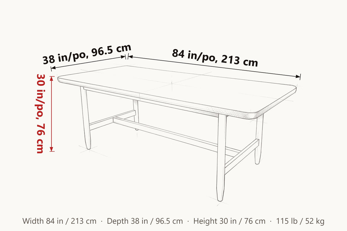 Sarnano dimensions on a pencil sketch of the table: 84 in long, 38 in deep, 30 in high