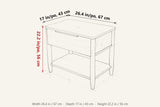 Sarnano dimensions on a pencil sketch of the nightstand: 26.4 in wide, 17 in deep, 22.2 in high
