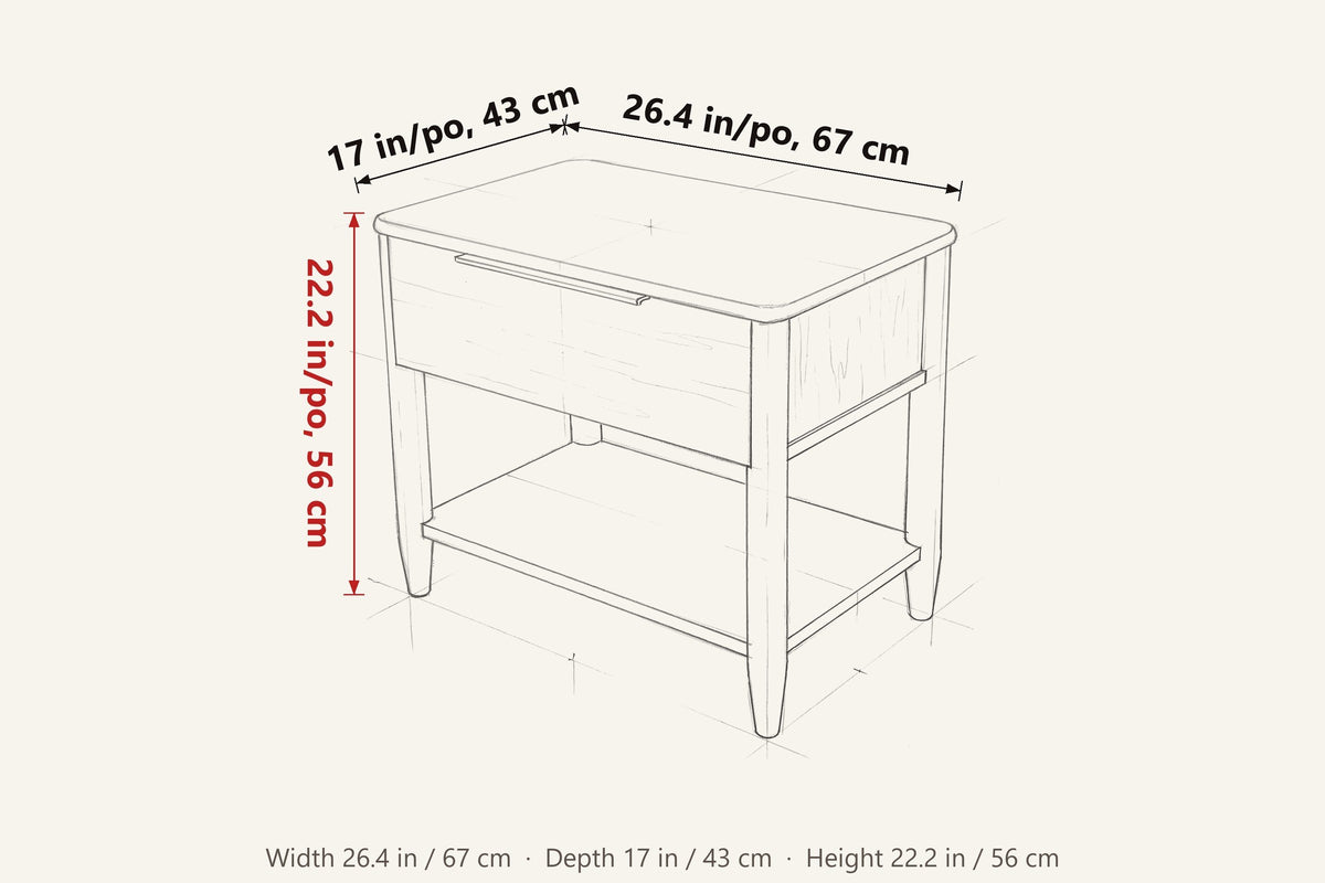 Sarnano dimensions on a pencil sketch of the nightstand: 26.4 in wide, 17 in deep, 22.2 in high