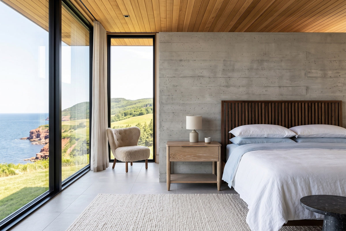 Sarnano nightstand in Sand oak beside a walnut slatted bed in a bedroom in a Cheticamp cliff house, Cape Breton