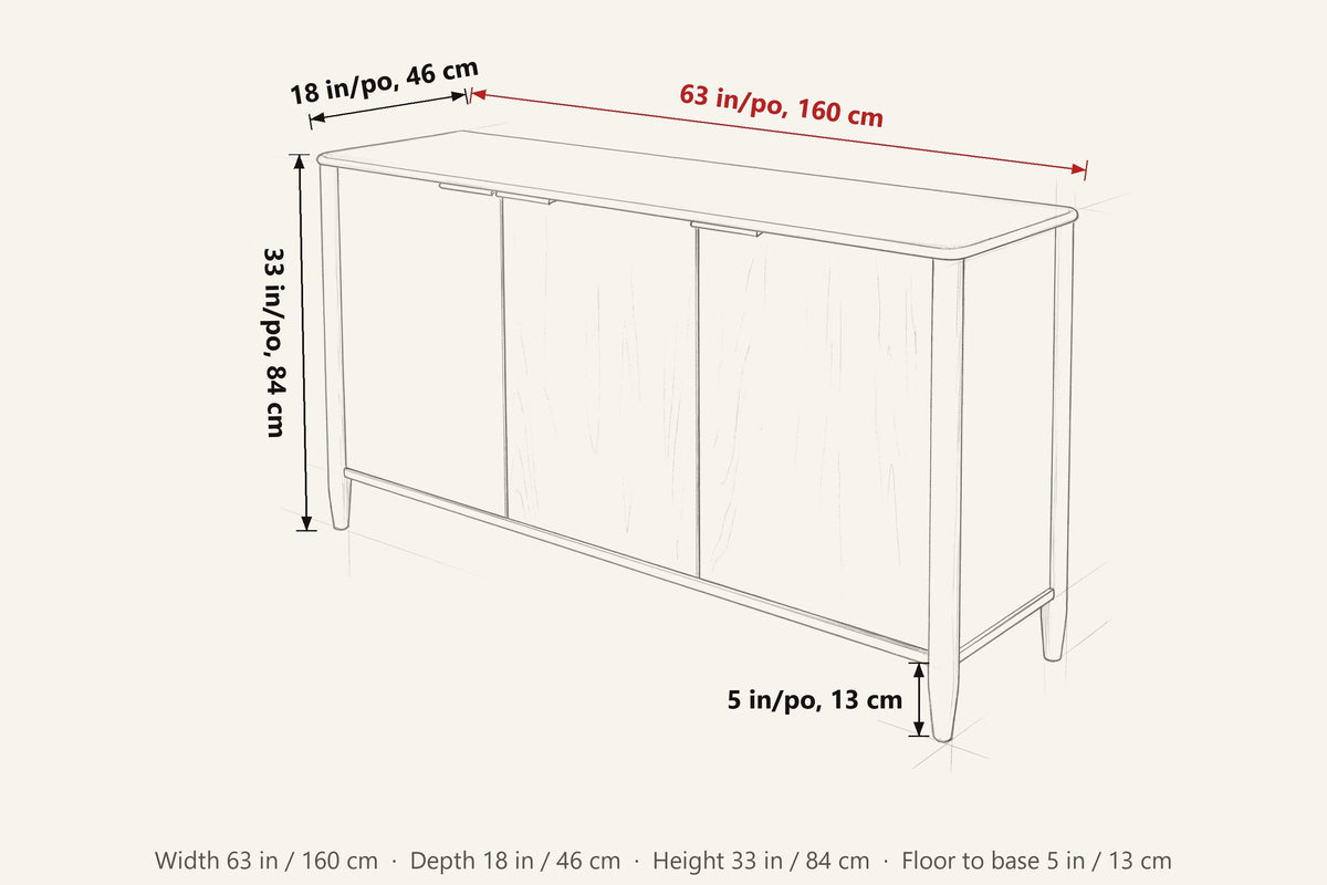 Sarnano dimensions on a pencil sketch of the sideboard: 63 in wide, 18 in deep, 33 in high, 5 in from the floor to the base