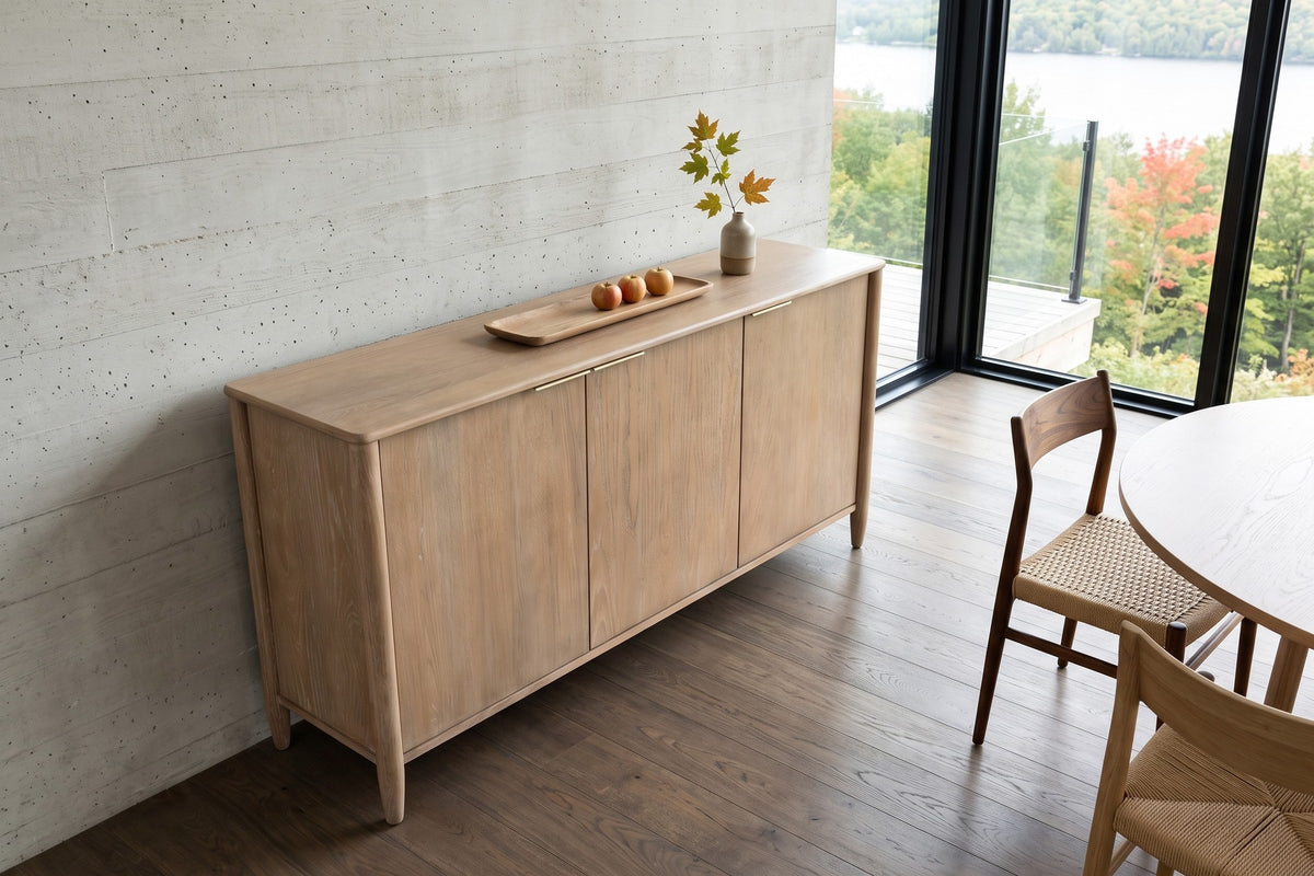 Sarnano sideboard in Sand seen from above at an angle against board-formed concrete in an Austin hillside house