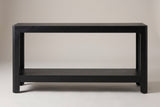 Sarnico console table in black, straight front view: four rounded legs, a deep top apron and a thick lower shelf