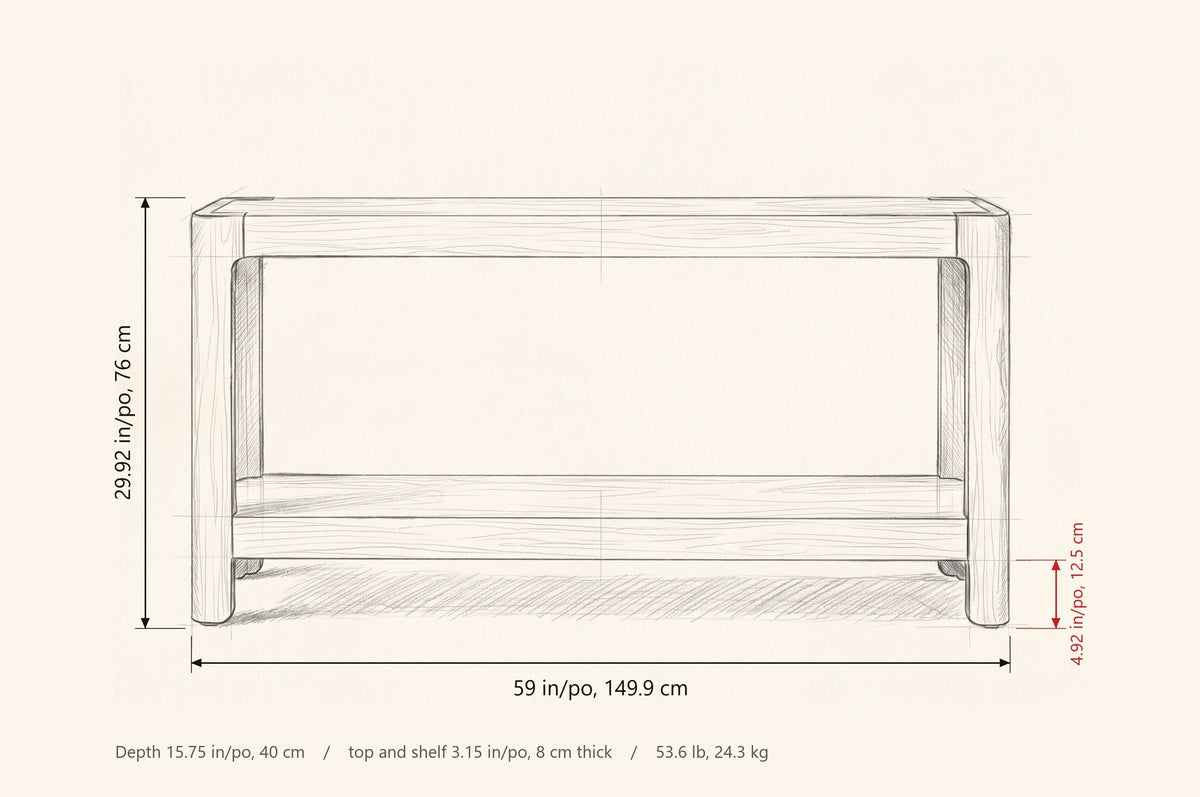 Sarnico console table dimensions: 59 in wide, 29.92 in high, 15.75 in deep, 4.92 in clear under the shelf
