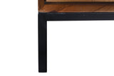 Close-up of the Sarteano base: the mango case on a black square iron frame and one straight iron leg