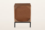 Back view of the Sarteano nightstand in Pecan on a warm white studio backdrop: a brown back panel inside the mango frame