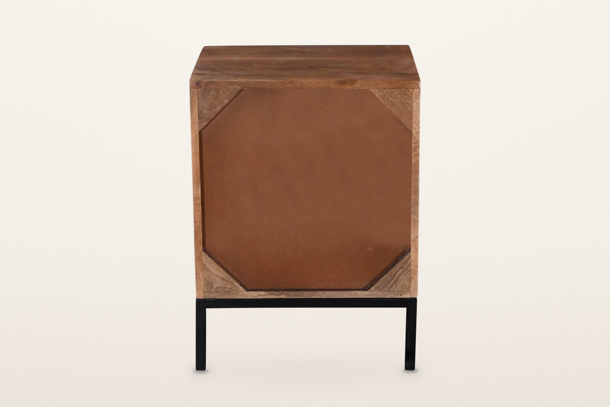 Back view of the Sarteano nightstand in Pecan on a warm white studio backdrop: a brown back panel inside the mango frame