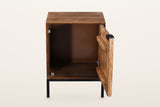 Sarteano nightstand in Pecan with its door open on a warm white studio backdrop: the storage space inside the mango case