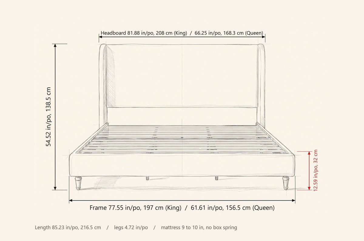 Sarzana bed dimensions: headboard 81.88 in wide (King) or 66.25 in (Queen), frame 77.55 or 61.61 in, 54.52 in high