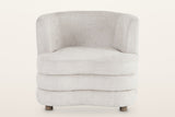 Sauze accent chair in beige, straight front view: the low tub back, the three stacked rolls and two of the round feet