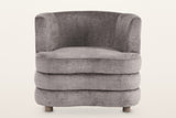 Sauze accent chair in dark taupe, straight front view: the low tub back, the three stacked rolls and two of the round feet