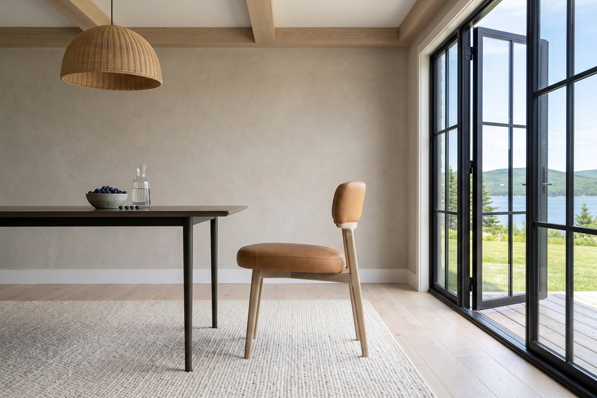 A Savoca dining chair in Tawny leather in side profile in a Baddeck house on Bras d'Or Lake, beside a smoked-oak table