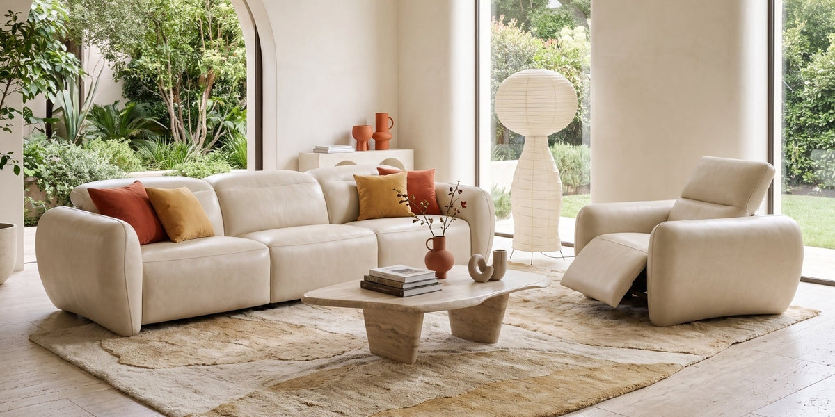 Savona leather recliner sofa in a bright modern living room